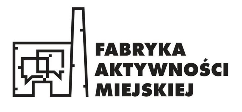 Czarny napis na białym tle wzbogacony o zarys fabryki - logotyp Fabryki Aktywności Miejskiej.