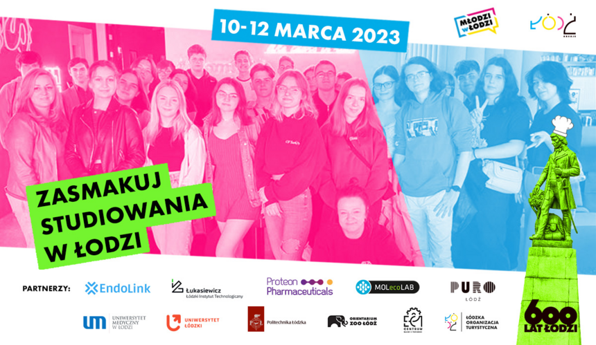 Zasmakuj studiowania w Łodzi 10-12 marca - grafika reklamowa, w tle studenci.
